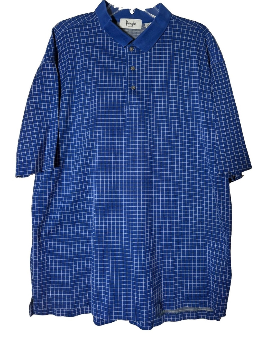 Pringle of Scotland Men XL Blue White Windowpane Grid Polo Shirt Short Sleeve